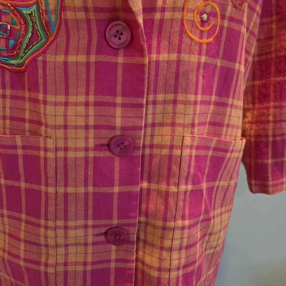 I.B. Diffusion Embroidered Plaid Blazer Jacket Size 10 Pink Orange Vintage 90s - Picture 5 of 14